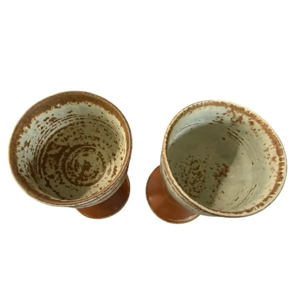 Studio Pottery Goblets pair Handmade Ceramic Chalice Cups Earth Tone 6.25